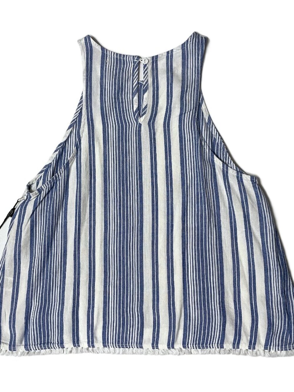 Bella Dahl Linen Blend Swing Tank Top M Blue White Stripe Fringe Frayed Coastal - Picture 12 of 12